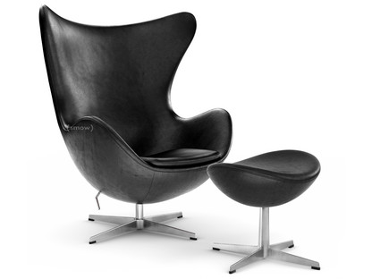 Egg Chair Leather Grace|Black|Satin polished aluminium|With footstool