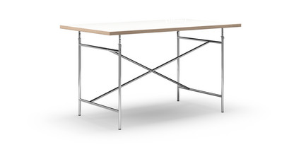 Eiermann Table White melamine with oak edge|140 x 80 cm|Chrome|Angled, centred (Eiermann 1)|110 x 66 cm