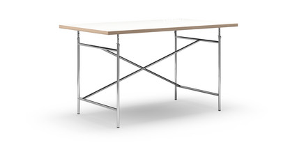 Eiermann Table White melamine with oak edge|140 x 80 cm|Chrome|Angled, offset (Eiermann 1)|110 x 66 cm