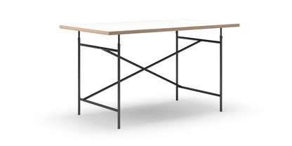 Eiermann Table White melamine with oak edge|140 x 80 cm|Black|Angled, offset (Eiermann 1)|110 x 66 cm