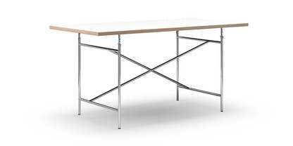 Eiermann Table White melamine with oak edge|160 x 80 cm|Chrome|Angled, centred (Eiermann 1)|110 x 66 cm