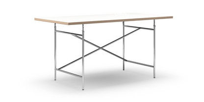 Eiermann Table White melamine with oak edge|160 x 80 cm|Chrome|Angled, offset (Eiermann 1)|110 x 66 cm