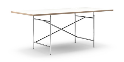 Eiermann Table White melamine with oak edge|200 x 90 cm|Chrome|Angled, offset (Eiermann 1)|110 x 66 cm