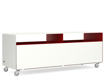 TV Lowboard R 109N Bicoloured|Pure white (RAL 9010) - Ruby red (RAL 3003)|Industrial castors