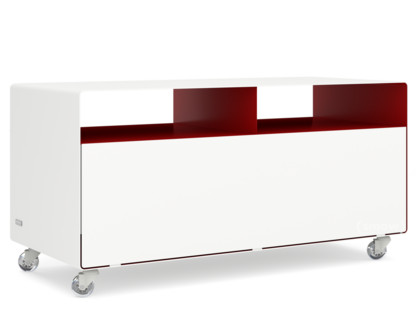 TV Lowboard R 108N Pure white (RAL 9010) - Ruby red (RAL 3003)|Transparent castors