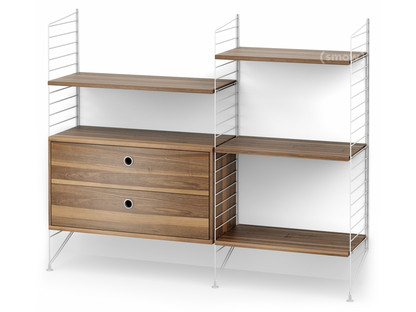 String System Floor Shelf with Drawers White|Walnut veneer