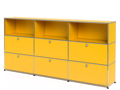 USM Haller Highboard XL, Customisable Golden yellow RAL 1004|Open|With 3 drop-down doors|With 3 drop-down doors