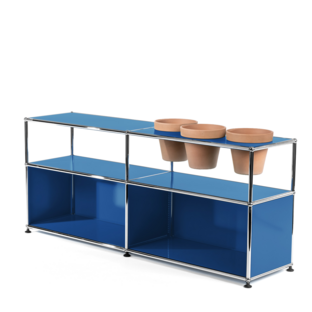 USM Haller Plant World Sideboard Gentian blue RAL 5010|Open|With 3 pots on the right|Terracotta