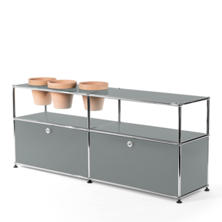 USM Haller Plant World Sideboard Mid grey RAL 7005|With 2 drop-down doors|With 3 pots on the left|Terracotta