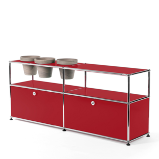 USM Haller Plant World Sideboard USM ruby red|With 2 drop-down doors|With 3 pots on the left|Basalt