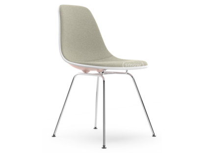 Eames Plastic Side Chair RE DSX Pale rose|With full upholstery|Warm grey / ivory|Standard version - 43 cm|Chrome-plated