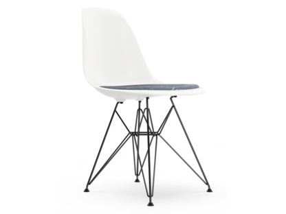 Eames Plastic Side Chair RE DSR White|With seat upholstery|Dark blue / ivory|Standard version - 43 cm|Coated basic dark