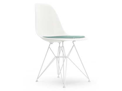Eames Plastic Side Chair RE DSR White|With seat upholstery|Ice blue / ivory|Standard version - 43 cm|Coated white