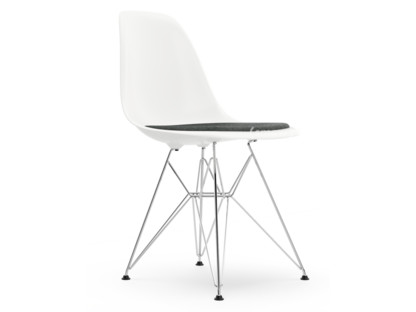 Eames Plastic Side Chair RE DSR White|With seat upholstery|Nero / ivory|Standard version - 43 cm|Chrome-plated
