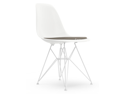 Eames Plastic Side Chair RE DSR White|With seat upholstery|Warm grey / moor brown|Standard version - 43 cm|Coated white