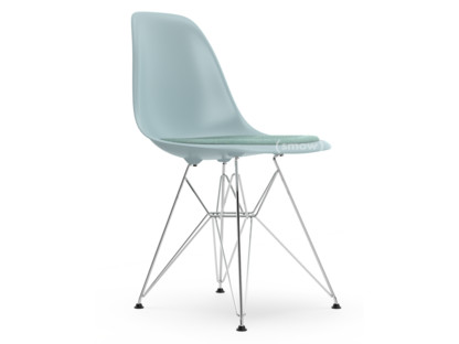 Eames Plastic Side Chair RE DSR Ice grey|With seat upholstery|Ice blue / ivory|Standard version - 43 cm|Chrome-plated