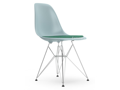 Eames Plastic Side Chair RE DSR Ice grey|With seat upholstery|Mint / forest|Standard version - 43 cm|Chrome-plated