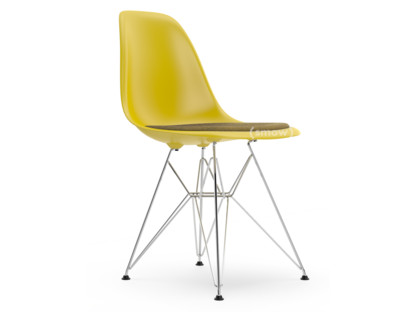 Eames Plastic Side Chair RE DSR Mustard|With seat upholstery|Mustard / dark grey|Standard version - 43 cm|Chrome-plated