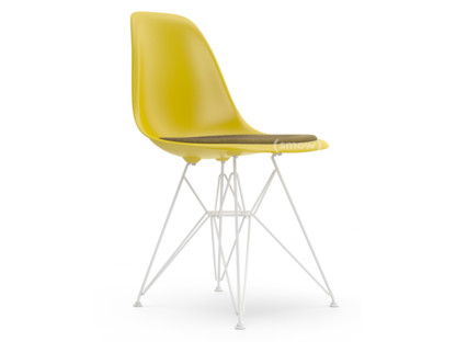 Eames Plastic Side Chair RE DSR Mustard|With seat upholstery|Mustard / dark grey|Standard version - 43 cm|Coated white
