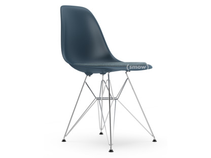 Eames Plastic Side Chair RE DSR Sea blue|With seat upholstery|Ice blue / moor brown|Standard version - 43 cm|Chrome-plated