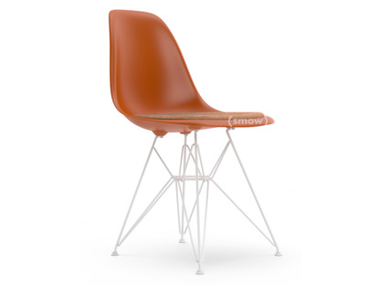 Eames Plastic Side Chair RE DSR Rusty orange|With seat upholstery|Cognac / ivory|Standard version - 43 cm|Coated white