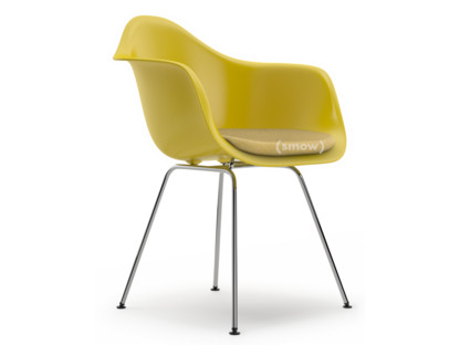 Eames Plastic Armchair RE DAX Mustard|With seat upholstery|Mustard / ivory|Standard version - 43 cm|Chrome-plated