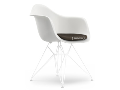 Eames Plastic Armchair RE DAR White|With seat upholstery|Warm grey / moor brown|Standard version - 43 cm|Coated white