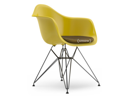 Eames Plastic Armchair RE DAR Mustard|With seat upholstery|Mustard / dark grey|Standard version - 43 cm|Coated basic dark