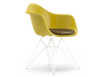 Eames Plastic Armchair RE DAR Mustard|With seat upholstery|Mustard / dark grey|Standard version - 43 cm|Coated white