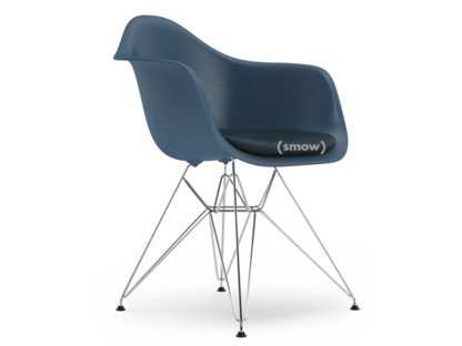 Eames Plastic Armchair RE DAR Sea blue|With seat upholstery|Ice blue / moor brown|Standard version - 43 cm|Chrome-plated
