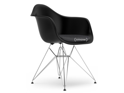 Eames Plastic Armchair RE DAR Deep black|With seat upholstery|Dark grey|Standard version - 43 cm|Chrome-plated