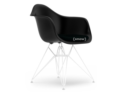 Eames Plastic Armchair RE DAR Deep black|With seat upholstery|Petrol / moor brown|Standard version - 43 cm|Coated white
