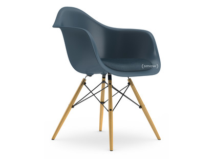 Eames Plastic Armchair RE DAW Sea blue|With seat upholstery|Sea blue / dark grey|Standard version - 43 cm|Ash honey tone