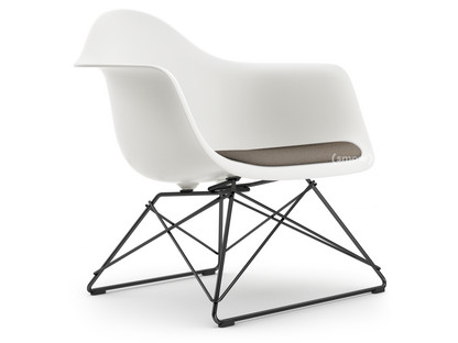 Eames Plastic Armchair RE LAR White|Seat upholstery warm grey / moor brown|Coated basic dark