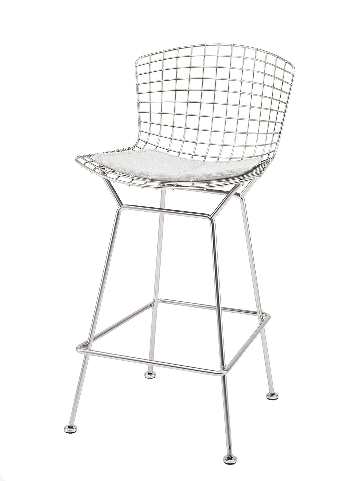 Bertoia Barstool, with cushion, satin chrome-plated, Ivory (Tonus 100)