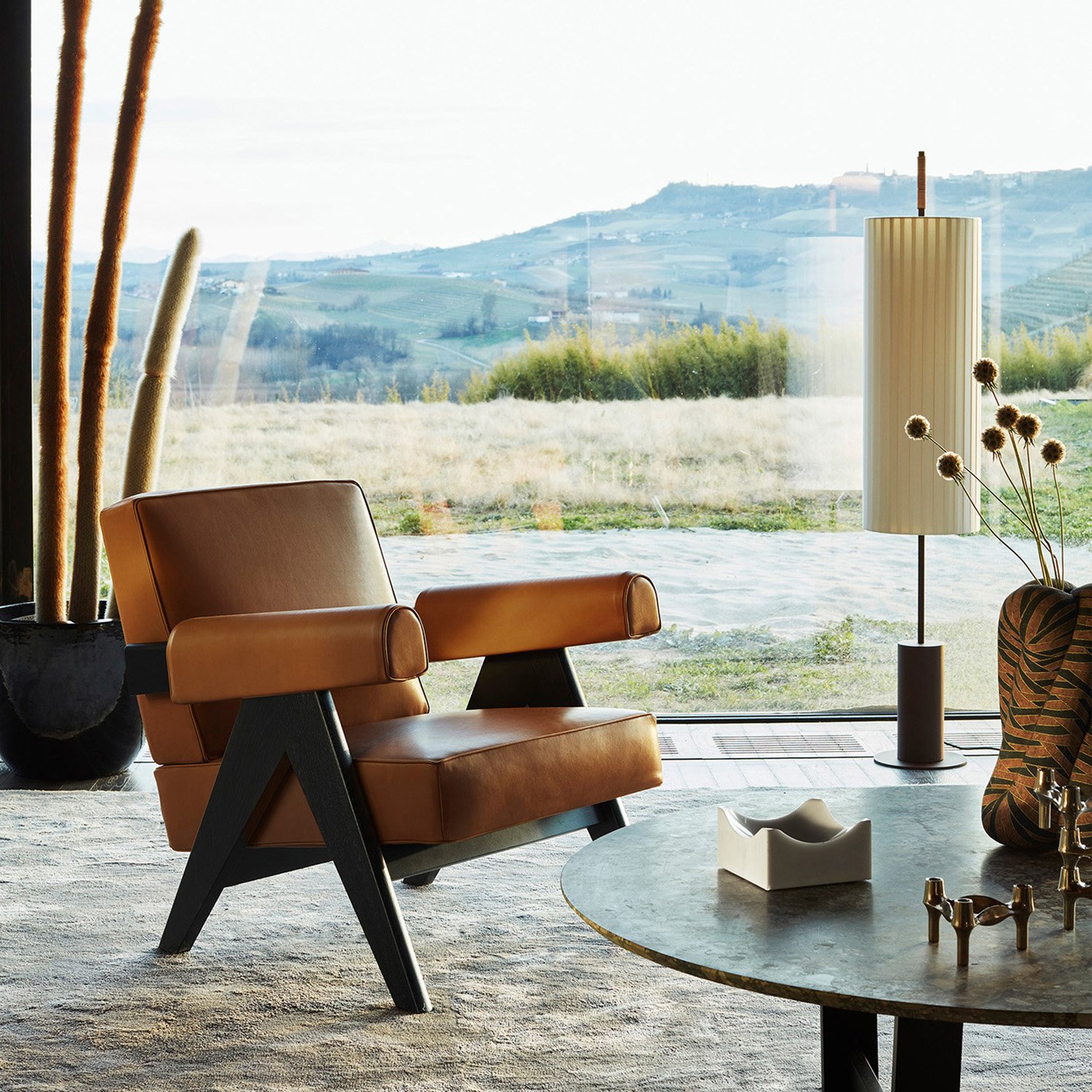 Capitol Complex Armchair, Black stained oak / cognac leather