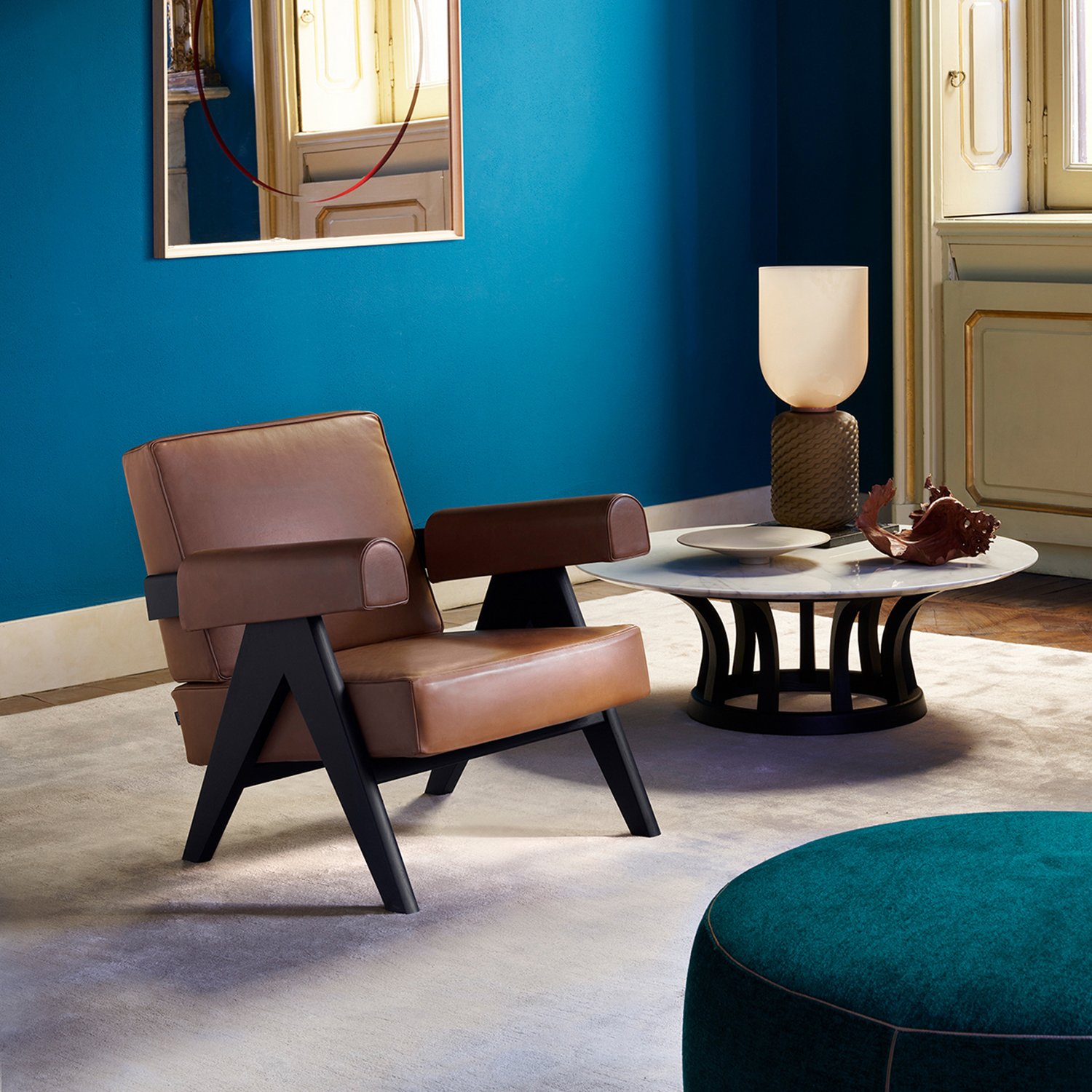 Capitol Complex Armchair, Black stained oak / cognac leather