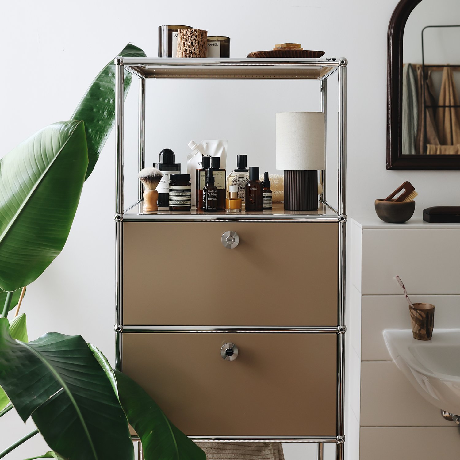 USM Haller Bookcase 50, With 3 drop-down doors, USM beige | USM