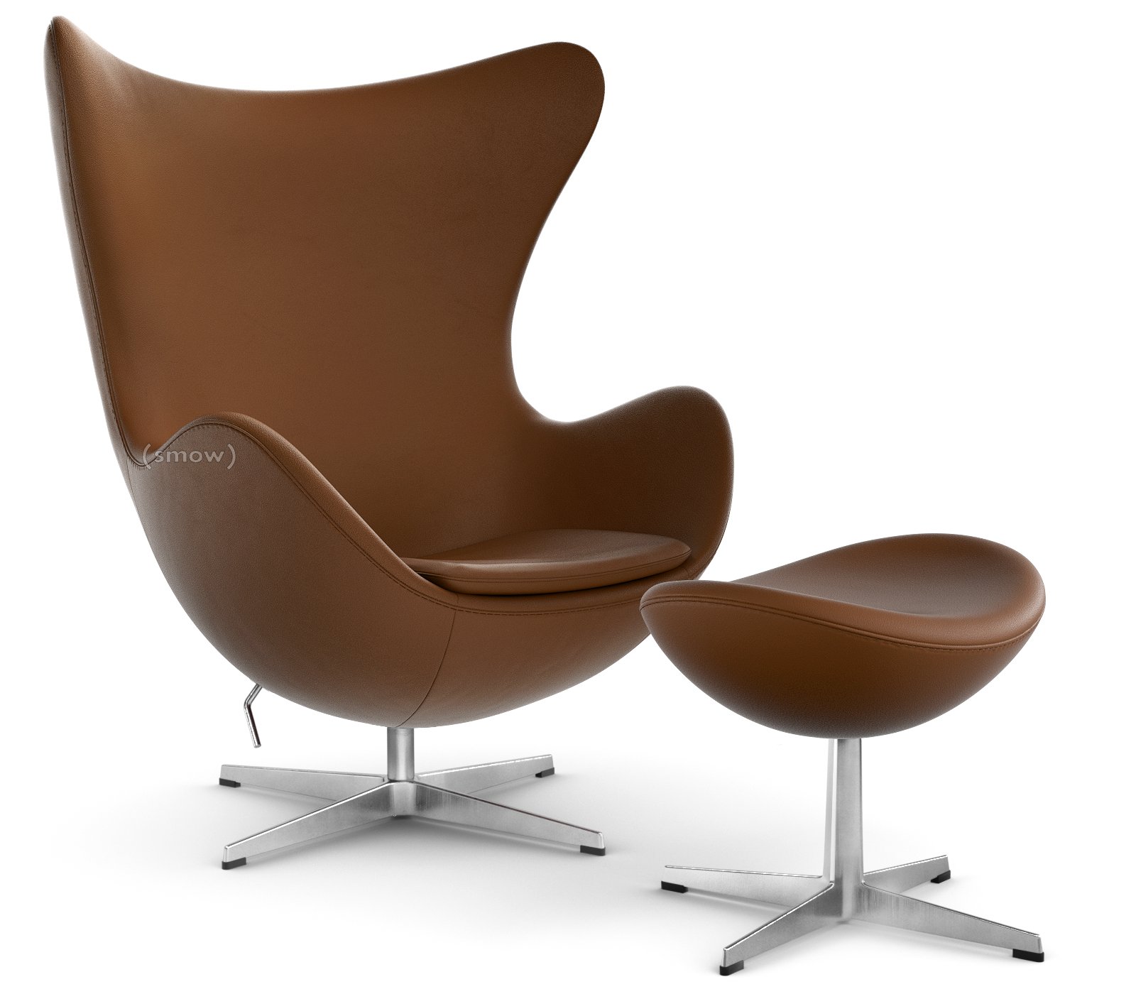 Fritz Hansen Egg Chair, Leather Essential, Walnut, Satin polished  aluminium, With footstool