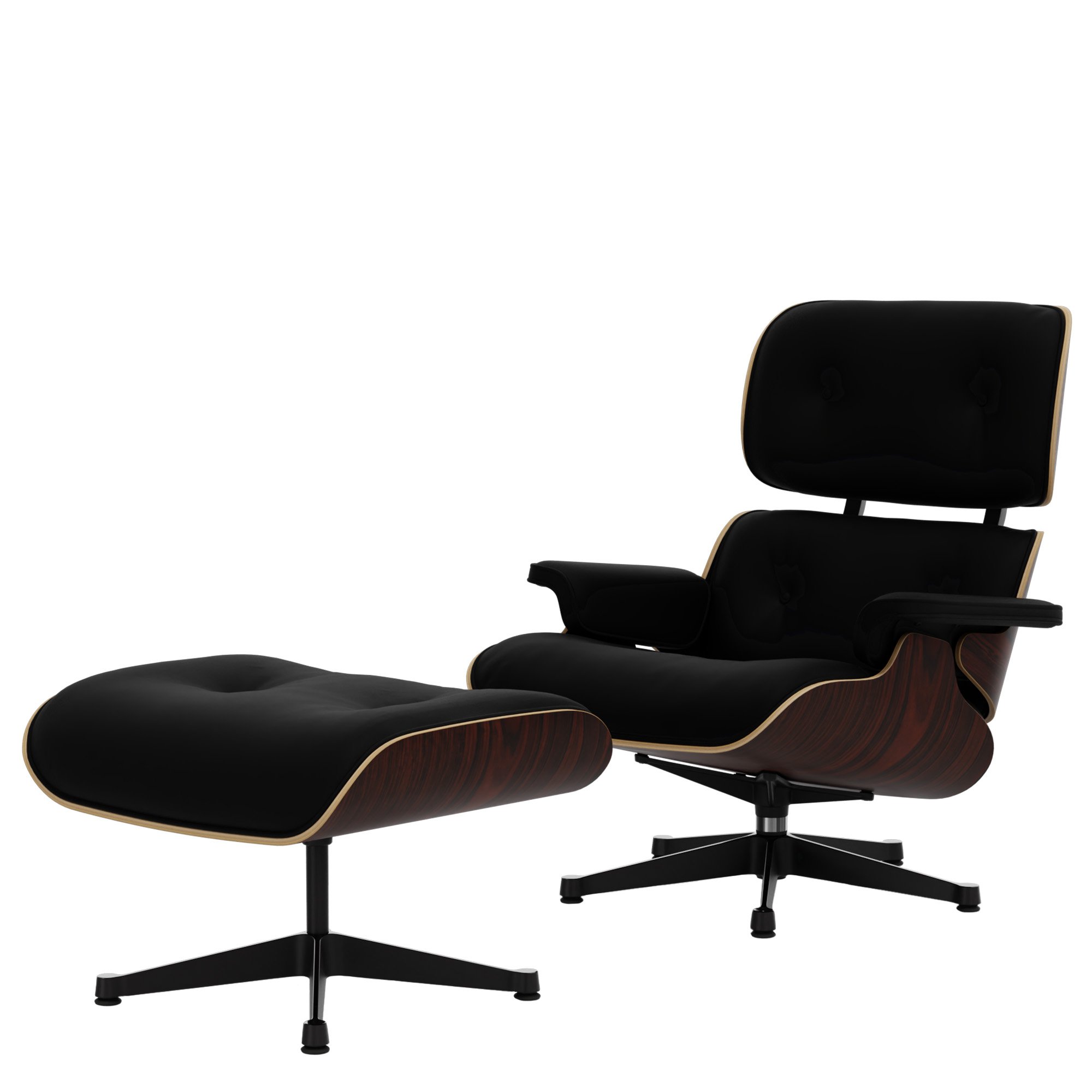 Eames Lounge Chair Ottoman, Santos Palisander, Leather Premium F nero, 89  cm, Aluminium polished, sides black