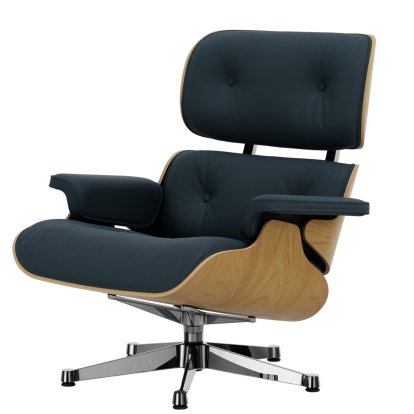Lounge Chair, Chestnut, natural, Lether Premium F smoky blue, 84 cm - Original height 1956, Aluminium polished