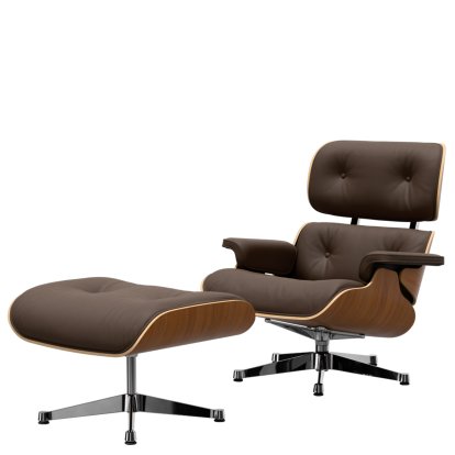 Eames Lounge Chair & Ottoman, Walnut, natural, Leather Premium F marron, 84 cm - Original height 1956, Aluminium polished