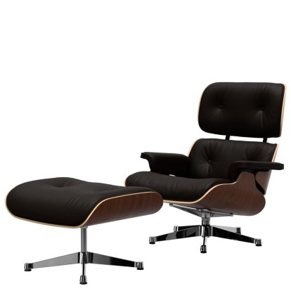 Eames Lounge Chair & Ottoman, Dark walnut, Leather Premium F chocolate, 89 cm, Aluminium polished