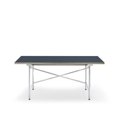 Eiermann 1 Table M (Mechanical Height Adjustment), Linoleum smokey blue (Forbo 4179) with oak edge, 160 x 80 cm, Chrome