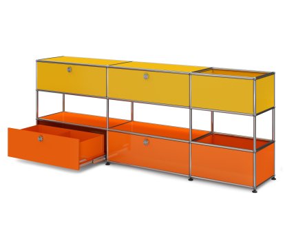 USM Haller Kids Sideboard L with storage boxes, Bicoloured, Golden yellow RAL 1004 - Pure orange RAL 2004, With drop-down door and extension door (incl. metal box insert)