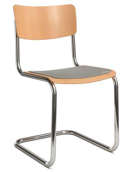 S 43 Classic Cantilever Chair, Chrome-plated frame, Stained beech, Natural beech, Seat pad with upholstery light grey melange, No glides