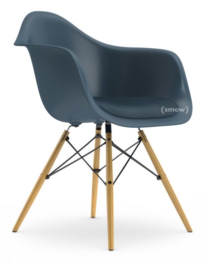 Eames Plastic Armchair DAW, Sea blue, With seat upholstery, Sea blue / dark grey, Standard version - 43 cm, Ash honey tone