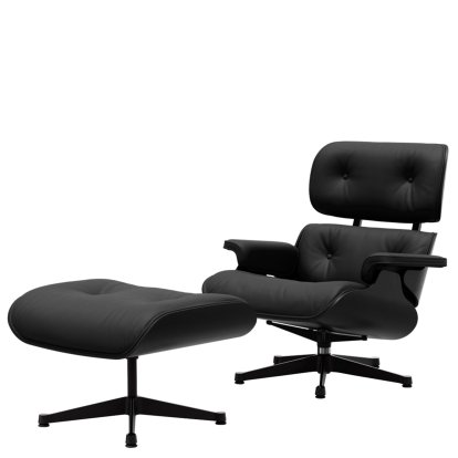 Eames Lounge Chair & Ottoman, Chestnut black, Leather Premium F nero, 84 cm - Original height 1956, Aluminium polished, sides black