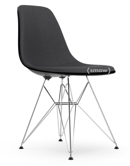 Eames Plastic Side Chair RE DSR, Deep black, With full upholstery, Dark grey, Standard version - 43 cm, Chrome-plated