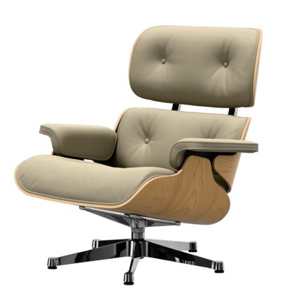Eames Lounge Chair, Chestnut, natural, Leather Premium F sand, 84 cm - Original height 1956, Aluminium polished